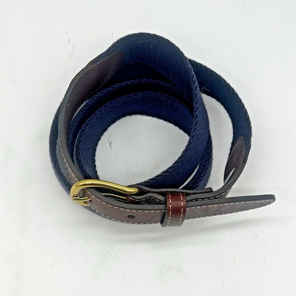 Lands' End Wool Blend Web Belt Men's 44 Navy Blue Brass Buckle Leather Trim 1.25 - Picture 4 of 9